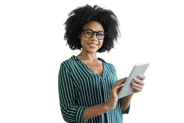 A woman is smiling with glasses, a tablet in the hand of an office employee, an isolated transparent background. - obrazy, fototapety, plakaty