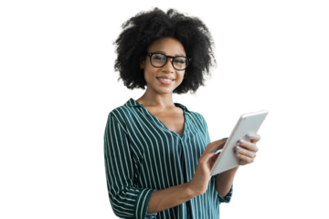 A woman is smiling with glasses, a tablet in the hand of an office employee, an isolated transparent background.