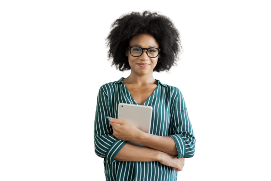 Woman with glasses tablet in hand office employee, isolated transparent background.