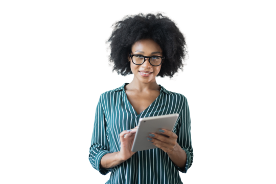 A woman is smiling with glasses, a tablet in the hand of an office employee, an isolated transparent background.