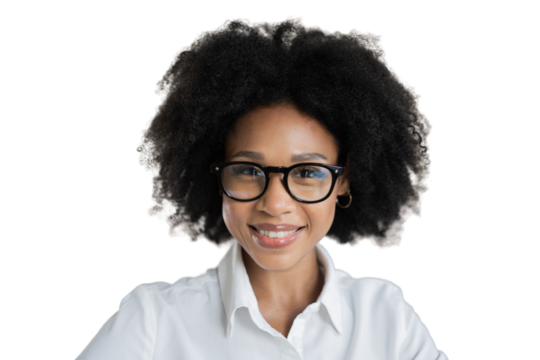 Female student smiling with glasses office employee, isolated transparent background.