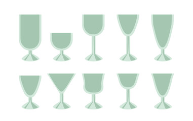 Empty glasses of different shapes vector illustrations set. Drawings of transparent glasses for alcoholic drinks, wine, Champagne, Martini isolated on white background. Glassware, alcohol concept