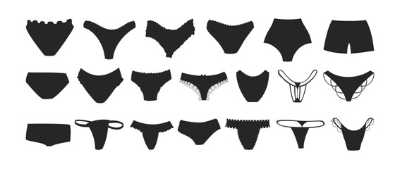 Black silhouettes of female panties vector illustrations set. Cartoon drawings of thongs, shorts, slips with and without frills for women isolated on white background. Underwear, fashion concept - obrazy, fototapety, plakaty