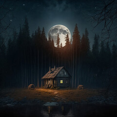 Old house near the forest at night with a full moon