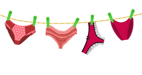 Female underwear hanging on clothes line vector illustration. Cartoon drawing of pink panties on rope with green pegs isolated on white background. Underwear, fashion concept - obrazy, fototapety, plakaty