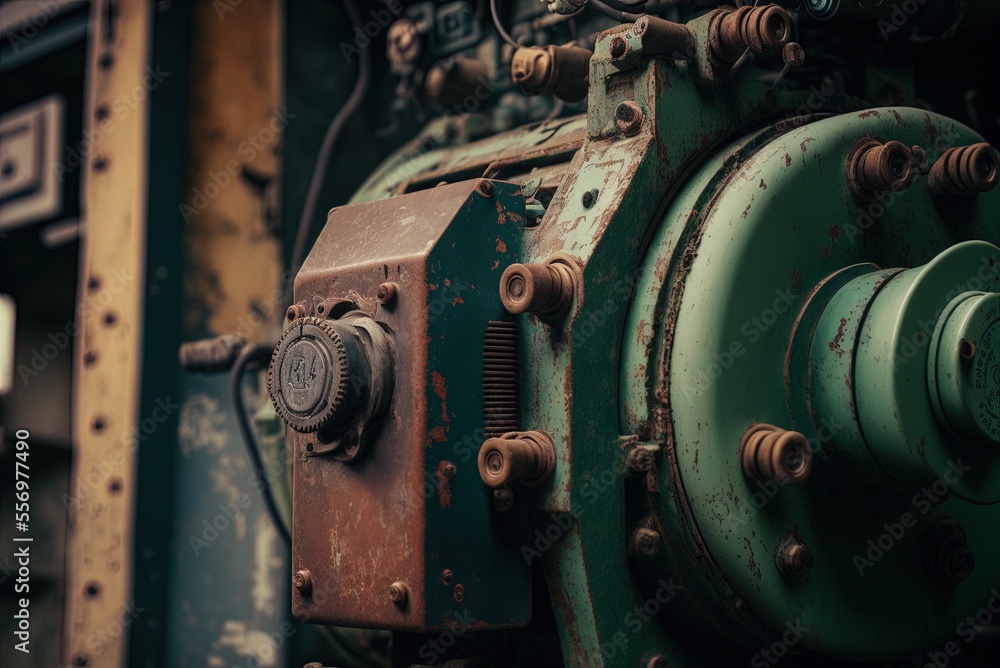 Poster an up-close look at the workings of a vintage factory machine generative ai
