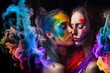 Generative AI illustration of homosexual ladies embracing amidst colorful smoke