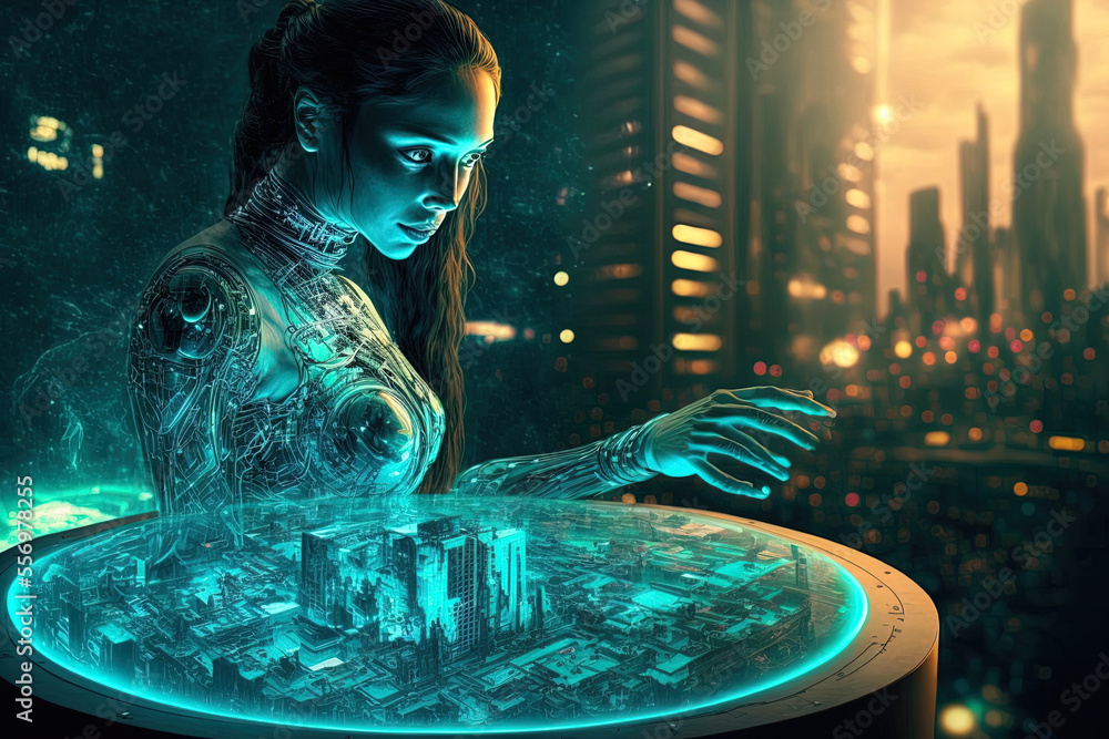 Aufkleber at the interactive table with a hologram of a smart city is a stunning robot lady. cyborgs use an ab