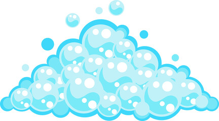Soap foam set with bubbles. Carton light blue suds of bath water, shampoo, shaving, mousse.