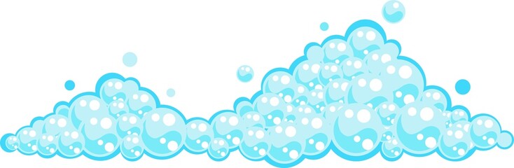 Soap foam set with bubbles. Carton light blue suds of bath water, shampoo, shaving, mousse.