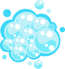 Soap foam set with bubbles. Carton light blue suds of bath water, shampoo, shaving, mousse.