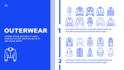 outerwear female clothes girl landing web page vector. woman fashion, coat clothing, jacket stylish, people person young casual, style outerwear female clothes girl Illustration