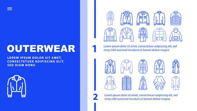 outerwear female clothes girl landing web page vector. woman fashion, coat clothing, jacket stylish, people person young casual, style outerwear female clothes girl Illustration