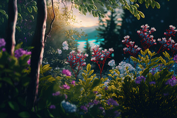 Close up of flowers amid flowering forest near the village. Generative AI