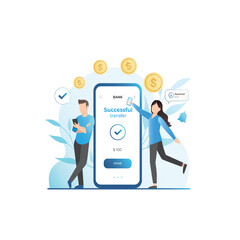 Girl in smartphone transferred, sent money, coins, cash to electronic account on Internet to man. Banking services on web site. Successful transaction. Refill. Guy made profit in finance, budget.