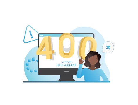 Vector girl, woman with exclamation mark shows concept of 400 error form with bad, invalid query. Website does not load on internet. Access to page is blocked. Syntax error. Incorrect url, link.
