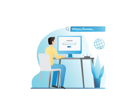 Vector man in office writes on computer, enters search query into address bar on website. Internet surfing. Guy is looking for, search at information, data in browser on Wi-Fi sensor.