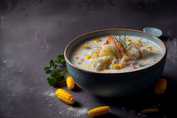 Chowder Crab Soup with shrimps and corn on concrete healthy food