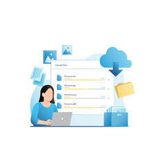 Woman in laptop uploads files, documents, illustrations, pictures from yellow folder to cloud storage. Saving information, data on Internet with download bar. Archive. Backup.