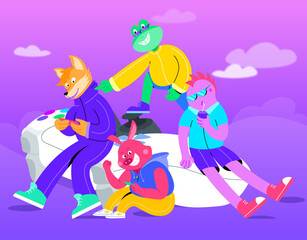 Illustration of a group of animal with human body playing a game