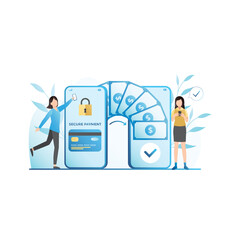 Girl in smartphone sent money, cash from credit, debit card. Successful transfer transaction. Bank transfer, service. Woman received profit on personal account. Payment for purchases on Internet.