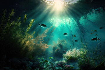 River underwater scene with sun rays and an abstract underwater scene with new ecosystem of plants. Generative AI