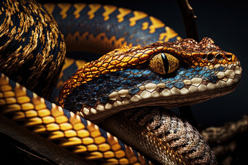 Fototapeta premium Close up of a branch viper snake with the tarpidolaemus wagleri snake. Generative AI