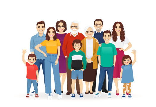Portrait of big happy family with grandparents and children vector illustration isolated. Mother, father, daughter, son, grandfather, grandmother standing together.