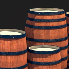 beautiful wooden and metal barrels, for liquid storage, fantasy, ai