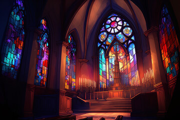 church interior features include lighting and stained glass windows. Generative AI