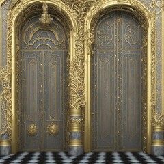 beautiful palace doors with rich, bright, golden ornament, fantasy, ai