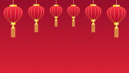 Empty red banner with abstract pattern and chinese paper lanterns with golden tassels. Oriental style background. Vector illustration