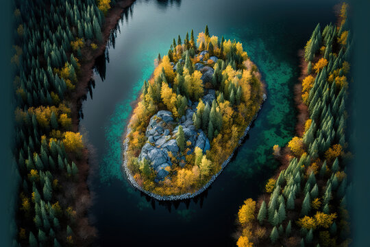 aerial picture of the Russian natural park Ruskeala in Karelia during the beautiful autumn. Generative AI