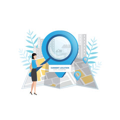 Woman with large magnifying glass is looking for, search place, location indicated on map with sign, gps icon on Internet. City navigation with geolocation. Girl paved way, route in navigator.