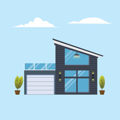 Modern villa with terrace flat vector icon. Modern house illustration. - 556981056