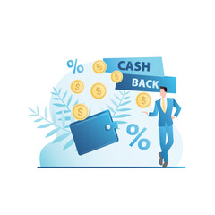 Successful man in business suit with large wallet from which lot of gold coins fly out. Cash back as percentage is returned to rich guy from purchases. Bank transfer of funds. Profit to budget.