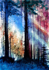  Watercolor picture of a beautiful sunlit forest with a lot of trees, green grass and rays of light