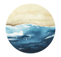 Watercolor sea clipart. Seascape png illustration.