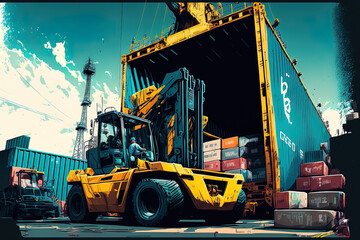 a forklift filling a cargo tank in a container cargo yard at a port; logistics service; forwarder mast. Generative AI