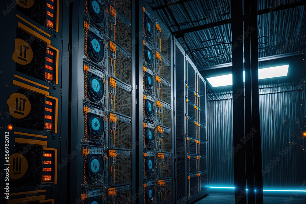 Poster large farm of bitcoin miners. in a steel container, asic mining equipment on stand racks mines bitco