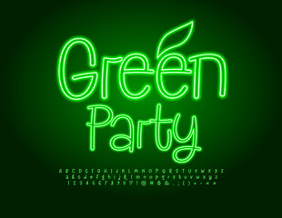 Naklejka premium Vector glowing poster Green Party with decorative Leaf. Neon creative Font. Led Illuminated set of Alphabet Letters, Numbers and Symbols