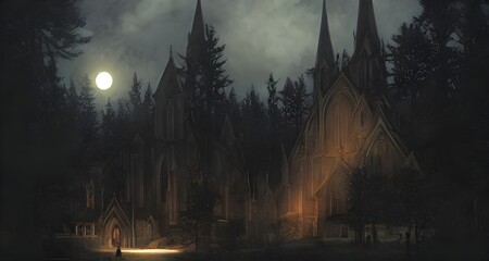 A church lit by the moon standing in the woods amidst fog _10