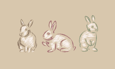 sketch of a rabbits in vintage colors.  2023 Year of the Rabbit with a vintage feel.