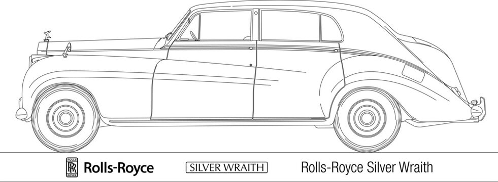 United Kingdom, year 1953, Rolls-Royce Silver Wraith vintage car silhouette, illustration
