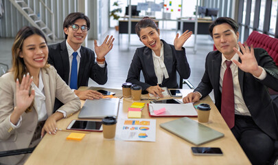 Team working by group video call meeting share ideas brainstorming negotiating use video conference