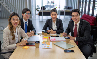 Team working by group video call meeting share ideas brainstorming negotiating use video conference