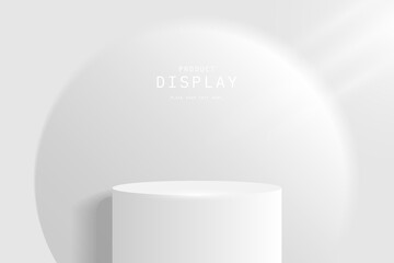 white grey background render with realistic 3d white grey cylinder pedestal podium and round neumorphic shape, lighting, Product display Presentation. Stage for showcase. studio room minimal scene.
