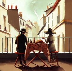 Couple dining in a small table in the outskirts of Paris