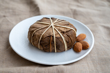 French mountains cheese banon wrapped in chestnut leaves made in Provence from unpasteurised goat milk