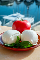 White soft italian mozzarella cheese in balls with red tomato and basil served outdoor